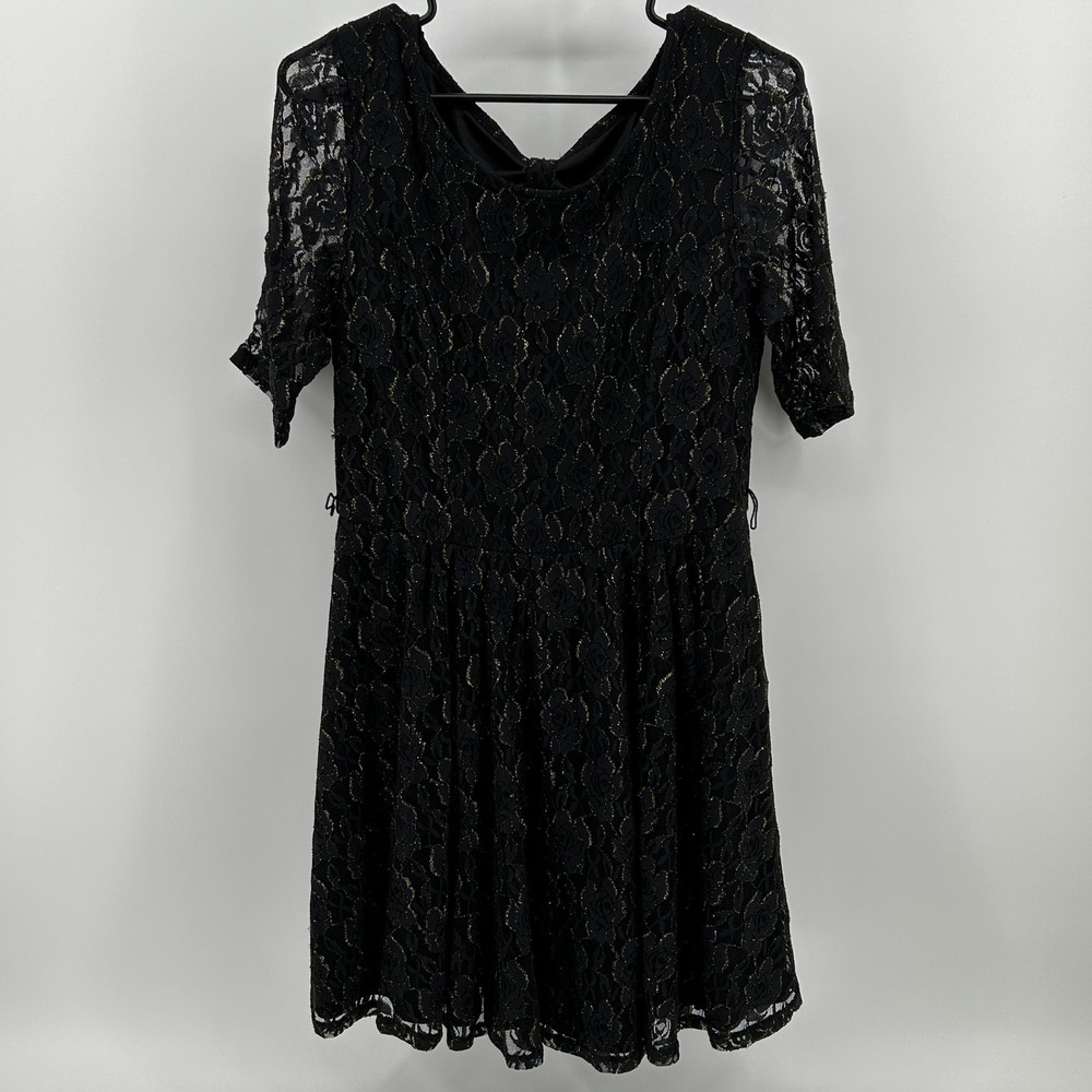 By & By Girls Black Gold Metallic Floral Lace Bow Back Party Dress L Whimsigoth